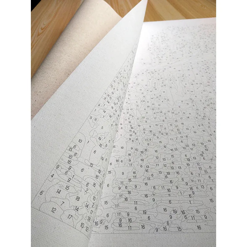 40x50 cm landscape paint by numbers kit showing linen canvas, acrylic paints, and optional wooden stretcher frame