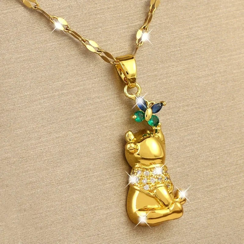 Gold copper necklace with heart pendant micro inlaid zircon bear butterfly design