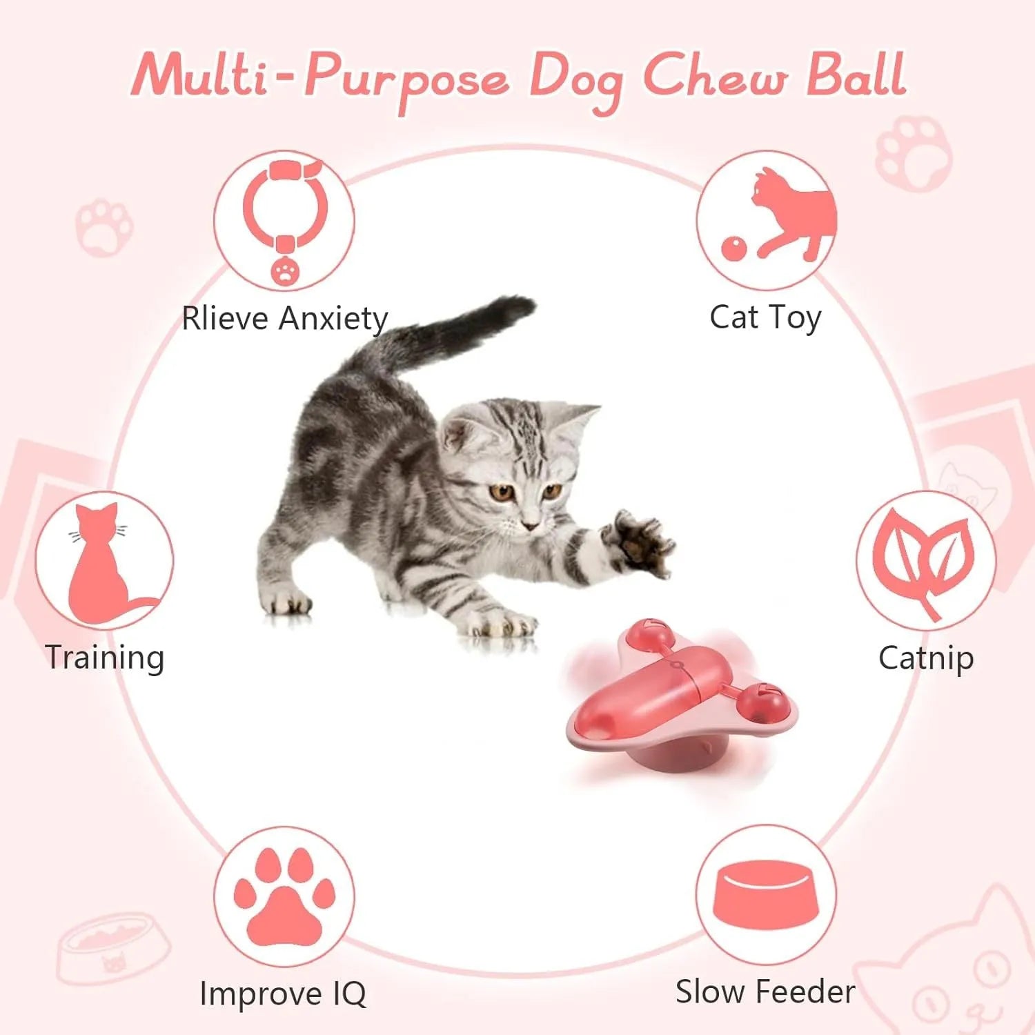 Blue interactive pet puzzle toy with catnip and bell attachments on suction cup base