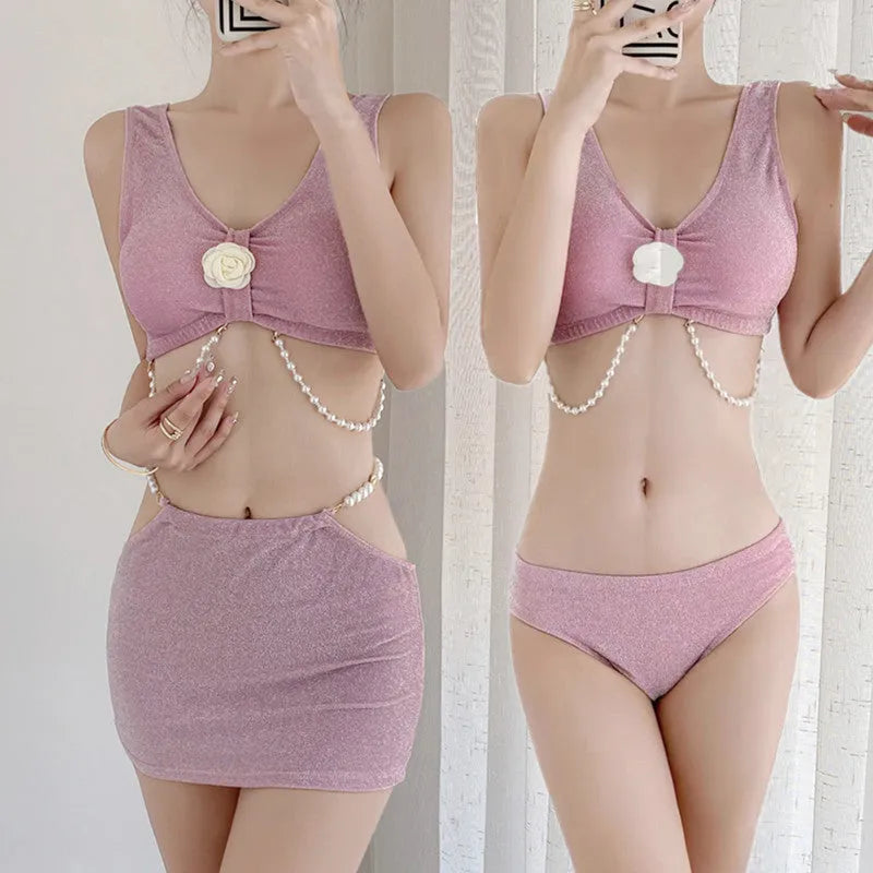 Bear Vacation women's three-piece bikini set in pink or black colours with briefs-style design