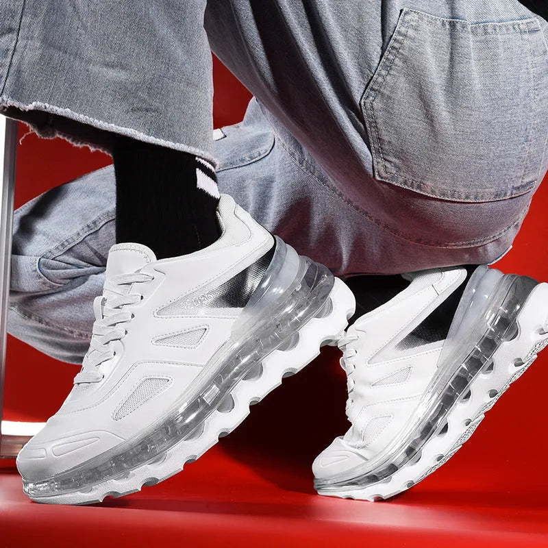 Men's white PU air cushion sports shoes with full palm cushion and lace-up closure