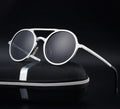 Men's polarised vintage round sunglasses with aluminium magnesium frame and UV400 protection in black with grey lens