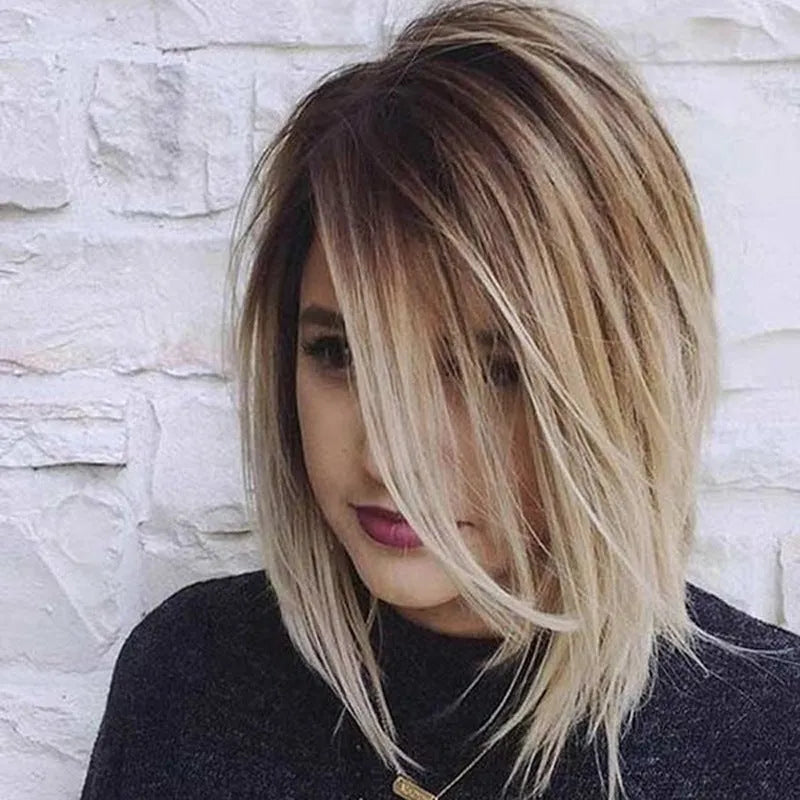Short straight wig in gold colour, 16 inch length, on a mannequin head