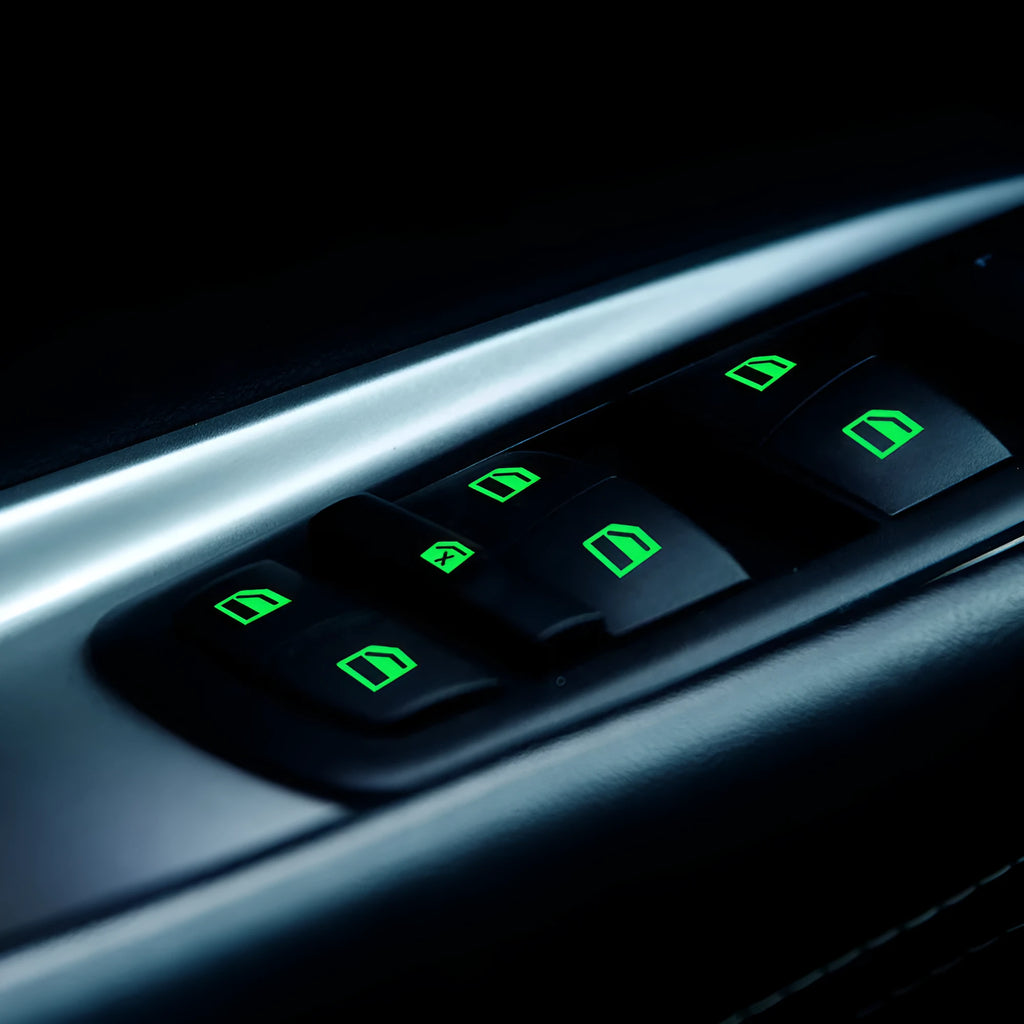 Car window luminous key sticker in PET material with strong adhesion, available in Blue, Green, and Orange for glow-in-dark use on window buttons