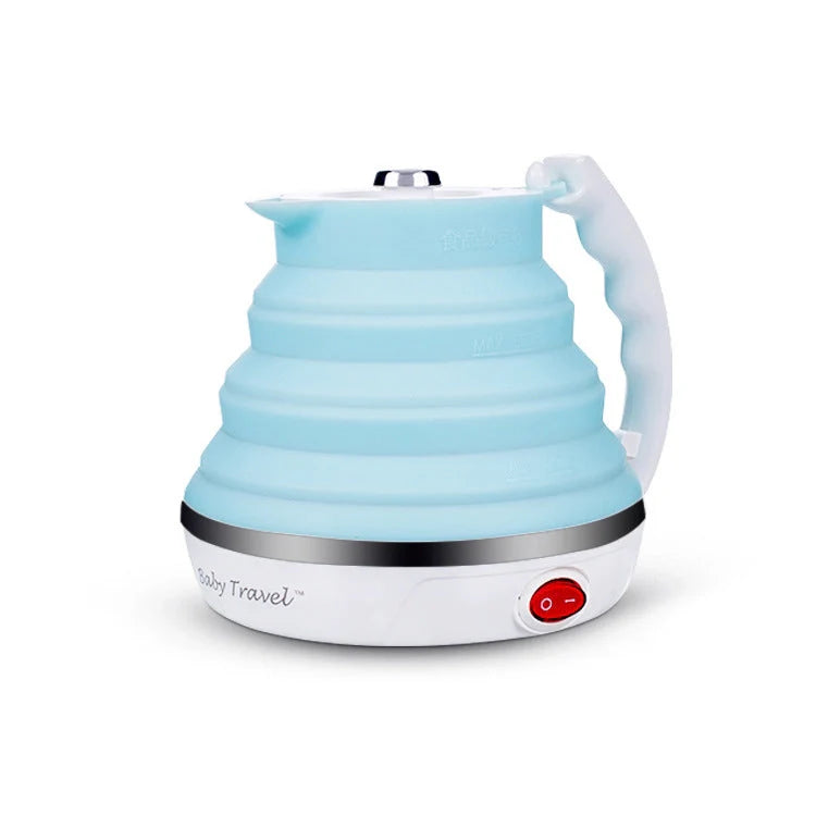 Foldable electric kettle in white, blue, and pink with UK, US, and EU plugs