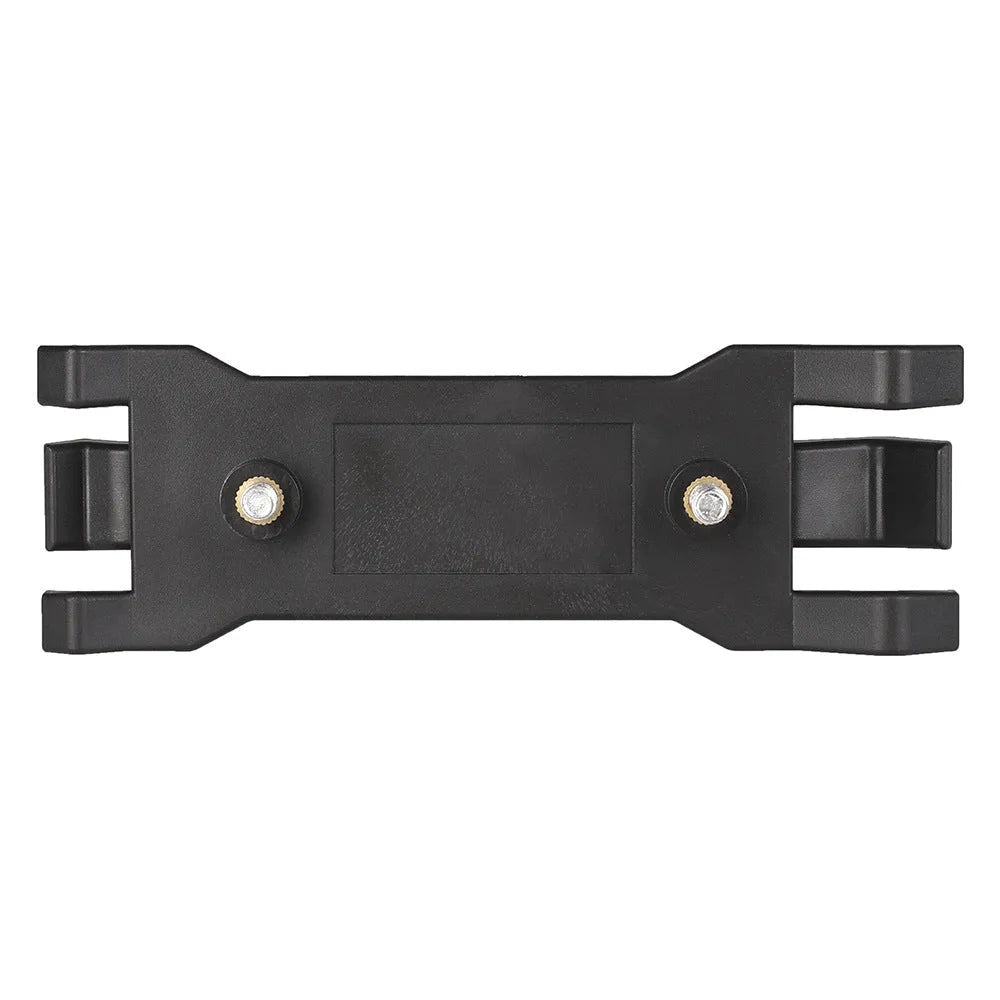 Black ABS plastic umbrella clip attached to a camera tripod shaft holding a compact umbrella.