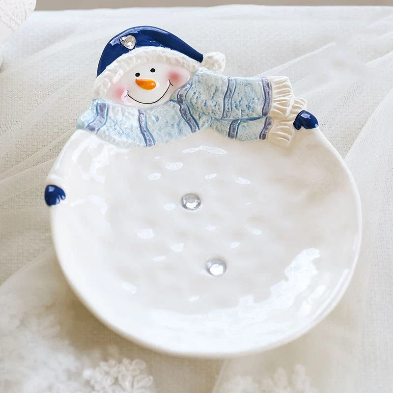 Christmas ceramic ornaments and snowman tableware set in porcelain with cartoon animations