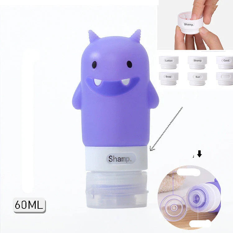 Portable travel bottles in various animal-themed designs for storing toiletries and liquids