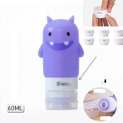 Portable travel bottles in various animal-themed designs for storing toiletries and liquids