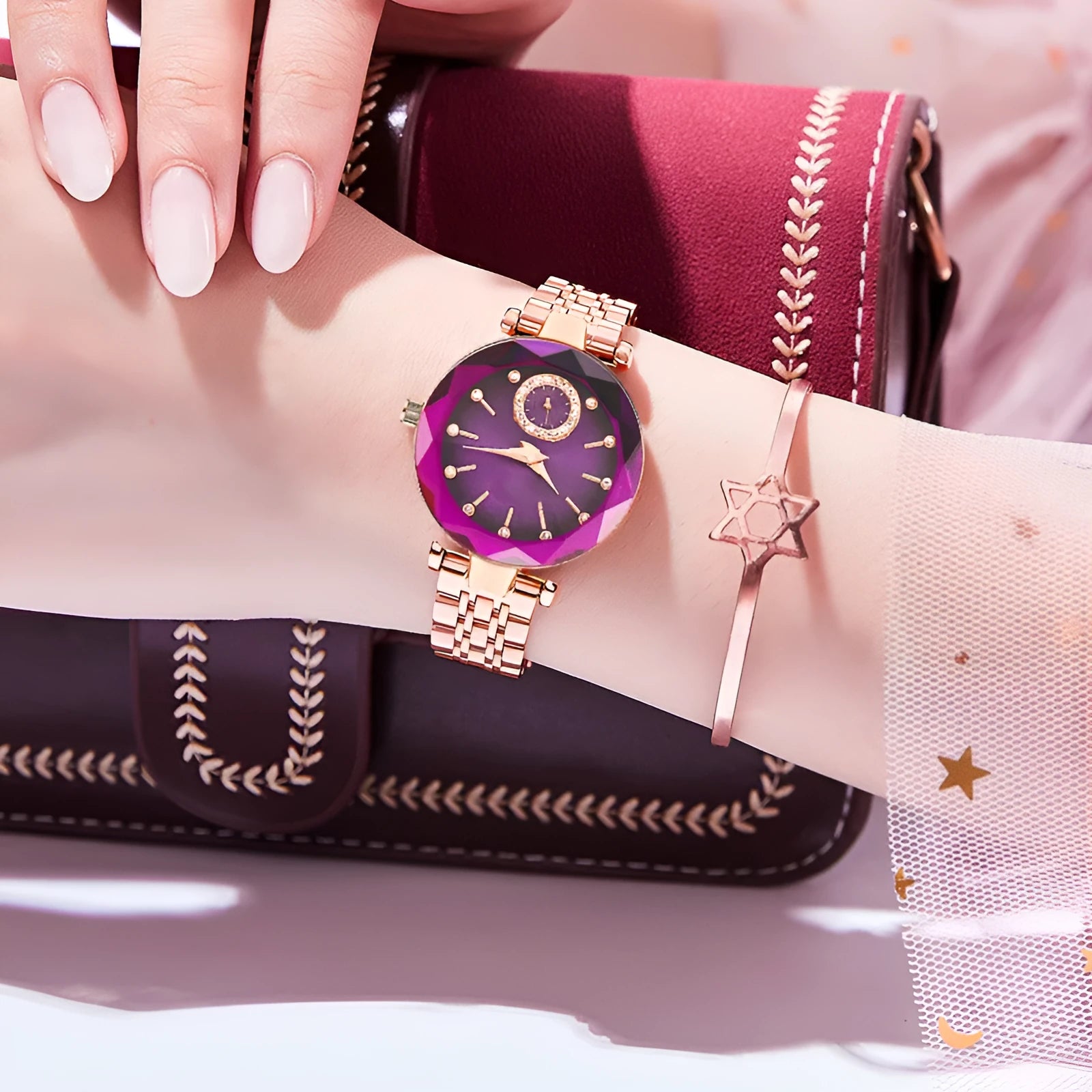 Women's fashion simple cut quartz watch with steel band, 30mm dial, alloy case, mineral glass, available in multiple colours