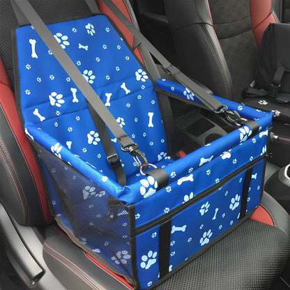 Waterproof pet car mat with headrest straps installed in vehicle, showing storage compartment and dimensions 400x300mm