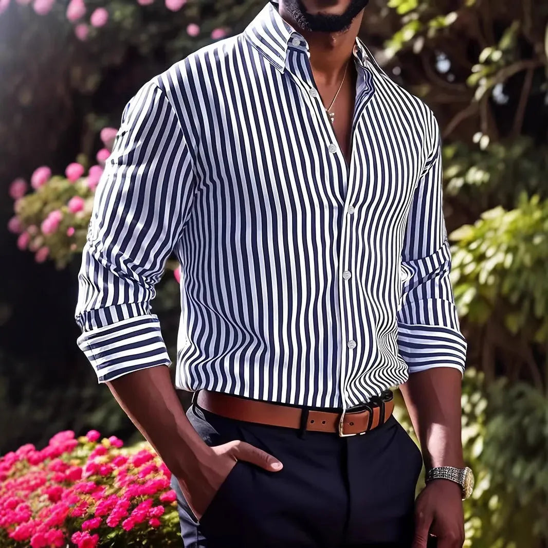 Men's stripe print long sleeve lapel button shirt, loose cardigan style in pink, front view