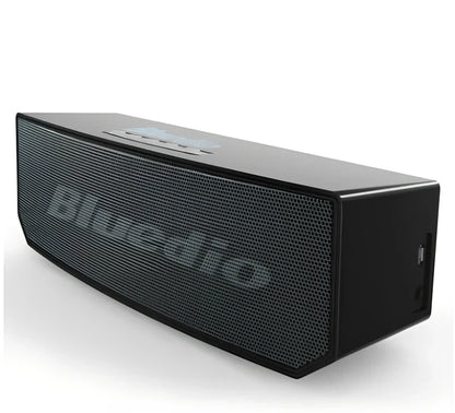 Bluedio BS-5 Mini portable Bluetooth speaker showing 3D stereo output and 10m wireless range