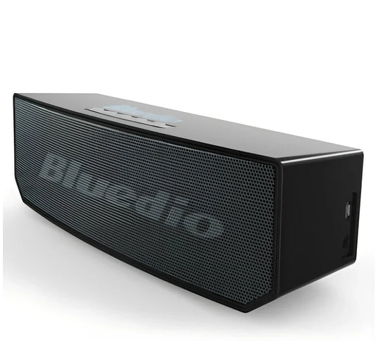 Bluedio BS-5 Mini portable Bluetooth speaker showing 3D stereo output and 10m wireless range