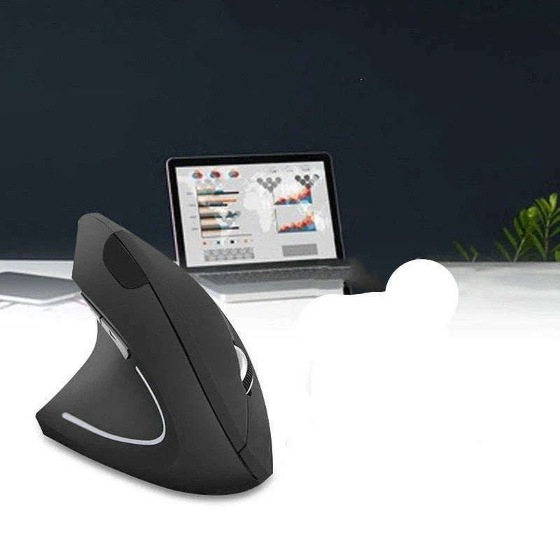 Ergonomic vertical wireless mouse in black and brown with 6 buttons and 10m range