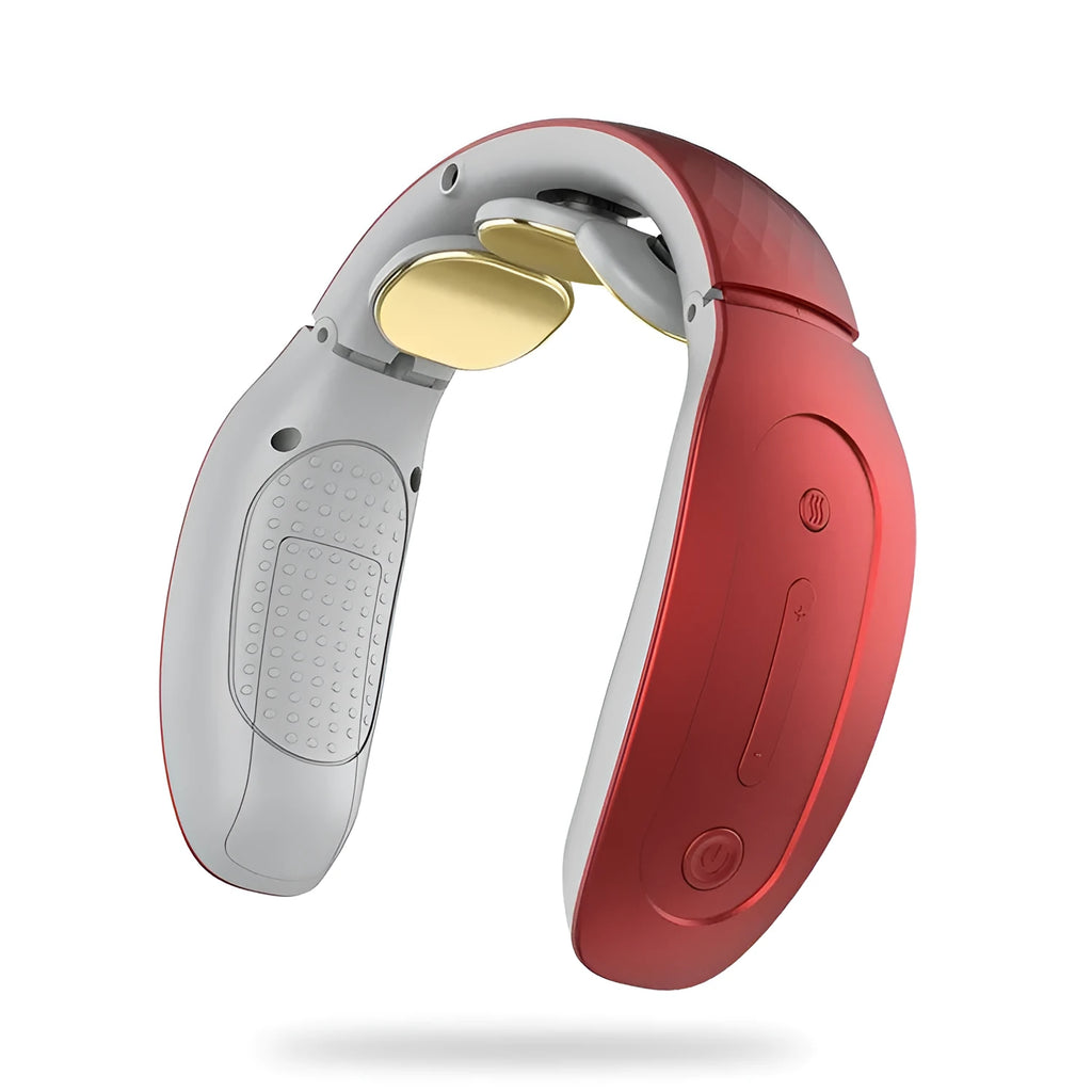 Red and white intelligent cervical massager handheld unit with battery, shown with electrode pads for the XFY988 upgrade model.