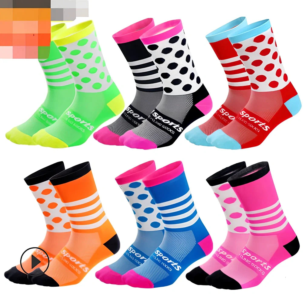 Pair of black powder compression cycling socks in size L, featuring stripe mesh pattern, 40-45cm long tube for breathable four-season support