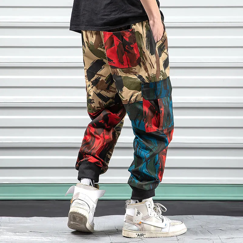 Blue camouflage overalls casual pants with loose fit, elastic waist, polyester fabric, sizes S to 5XL