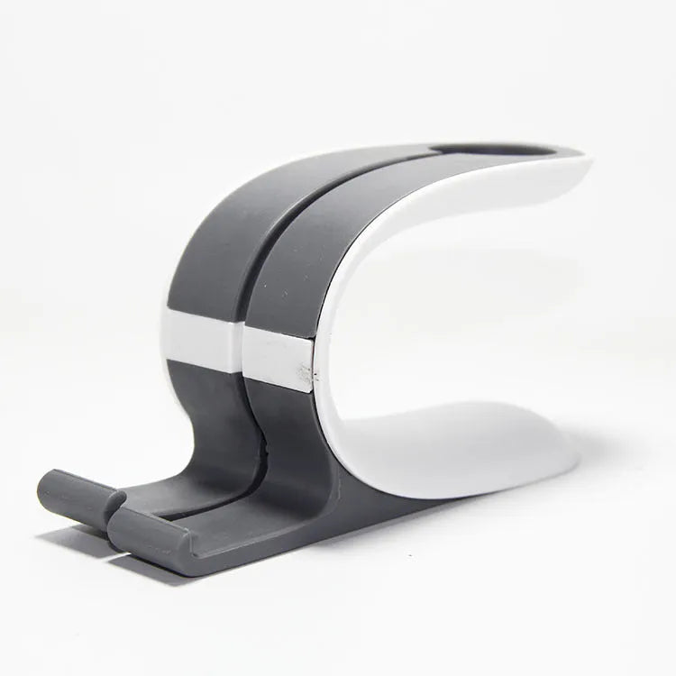 Grey desktop charging stand holding Apple iPhone and Apple Watch side by side