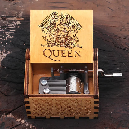 Antique boxwood music box with hand crank and yin carved Spirited Away landscape flowers, 10 cm tall wooden decoration