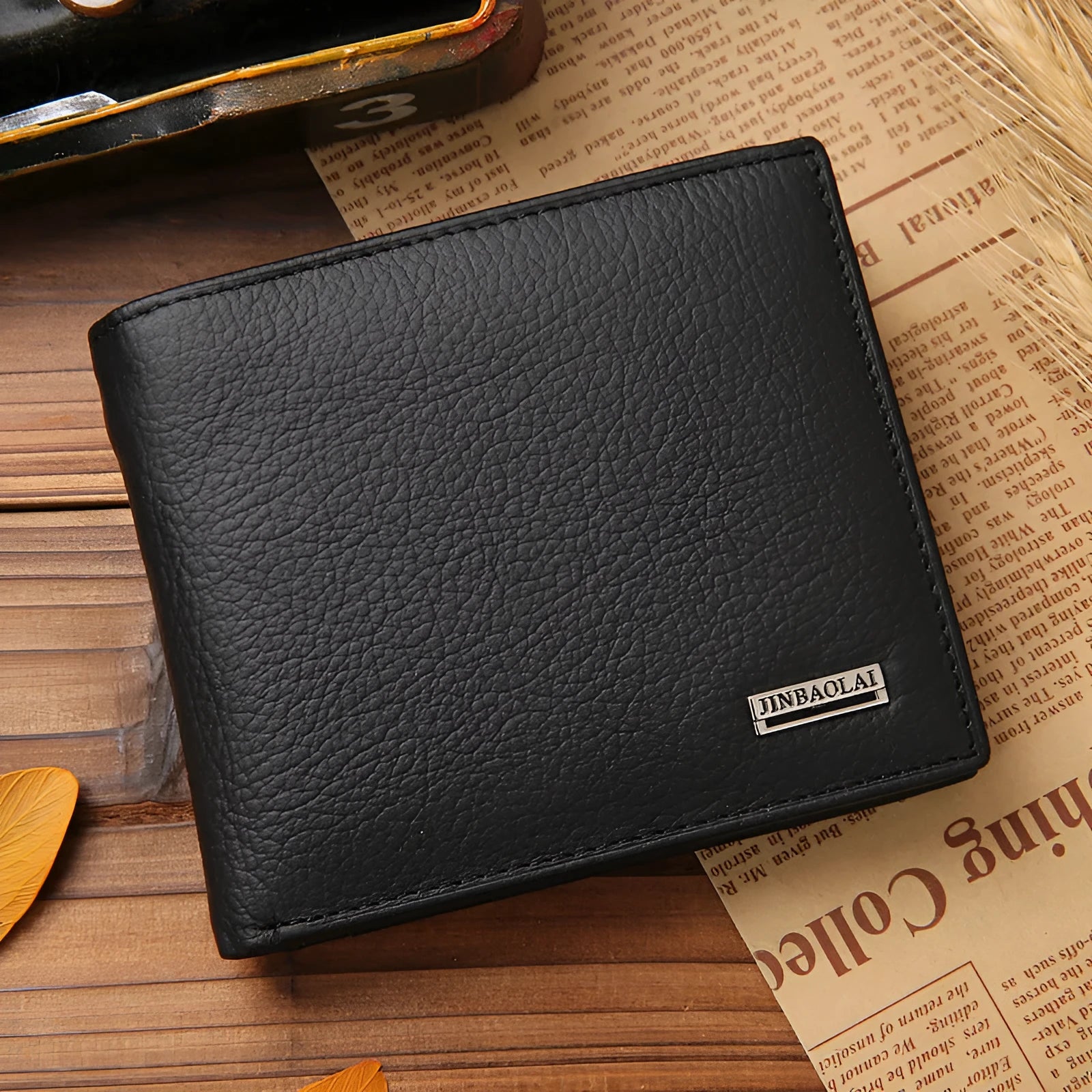 Men's first layer cowhide leather bifold RFID wallet with coin purse, black, 11.5cm length, stitching detail