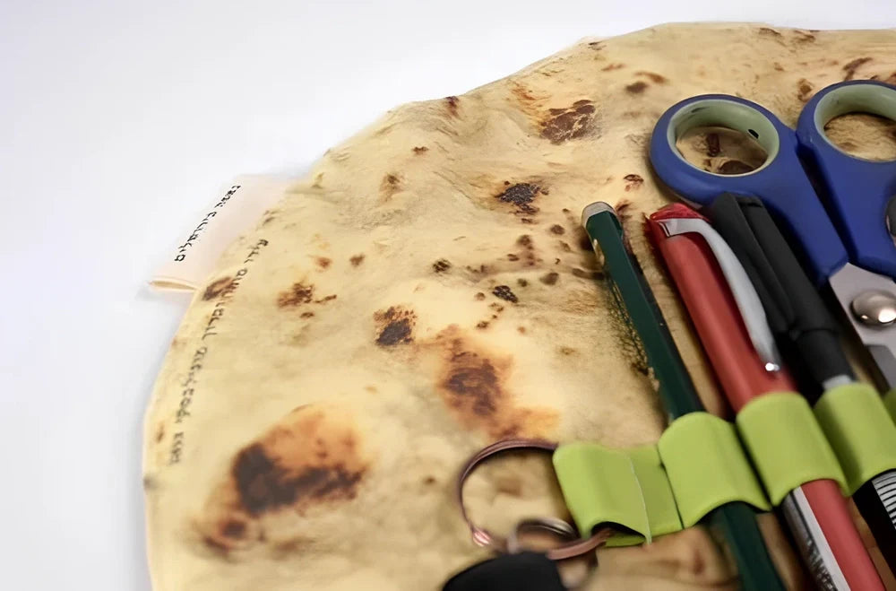 Burrito roll simulation pencil case in fabric, 22 cm size, unrolled showing pencil storage space