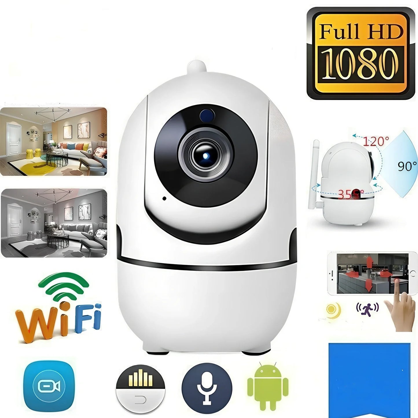 White WiFi security camera with 360 rotation and infrared night vision for home monitoring