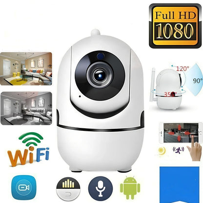 White WiFi security camera with 360 rotation and infrared night vision for home monitoring