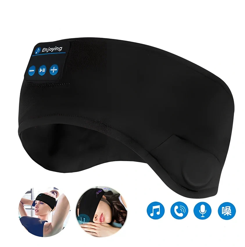 Black wireless Bluetooth eye mask with built-in headphones, 22cm length, for sleep and music playback