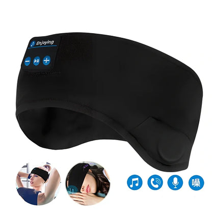 Black wireless Bluetooth eye mask with built-in headphones, 22cm length, for sleep and music playback