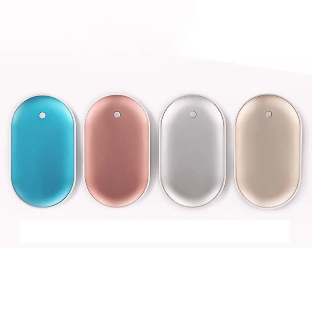 Macaron USB charging hand warmer power bank in aluminium alloy casing with double-sided heating and indicator light
