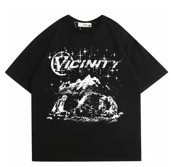 Men's grey hip hop graphic print t-shirt on a hanger, showing retro design.
