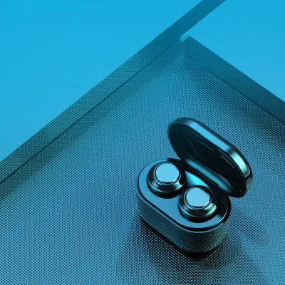 Black over-ear stereo Bluetooth headset with earplug design.