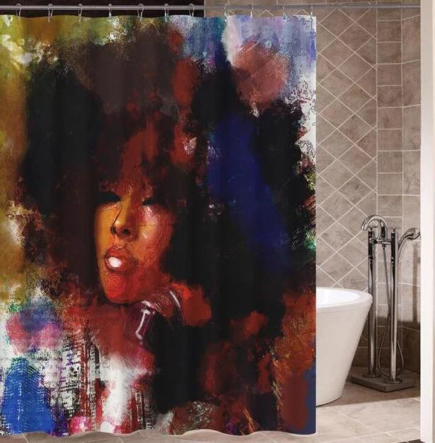 Colorful African girl portrait with graffiti art and modern buildings on a shower curtain