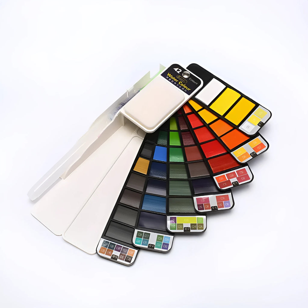 Fan-shaped foldable solid watercolour paint set with brush and sponge in transparent plastic case