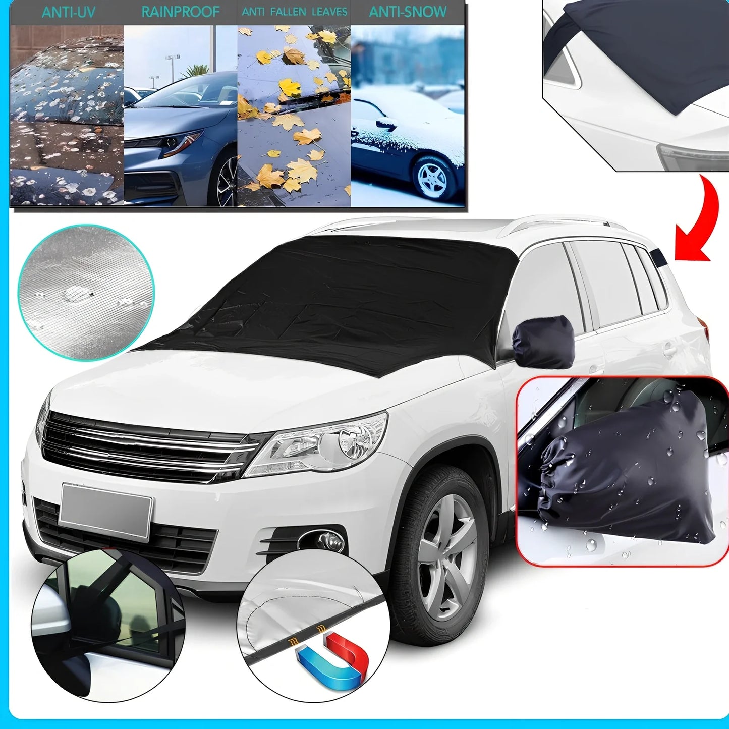 Car front snow cover with magnetic strips on silver Oxford cloth for winter protection