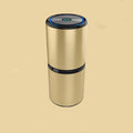 USB car negative ion air purifier in aluminium alloy and ABS, compact 65x153mm, available in black gold and rose pink, quiet operation below 27dB
