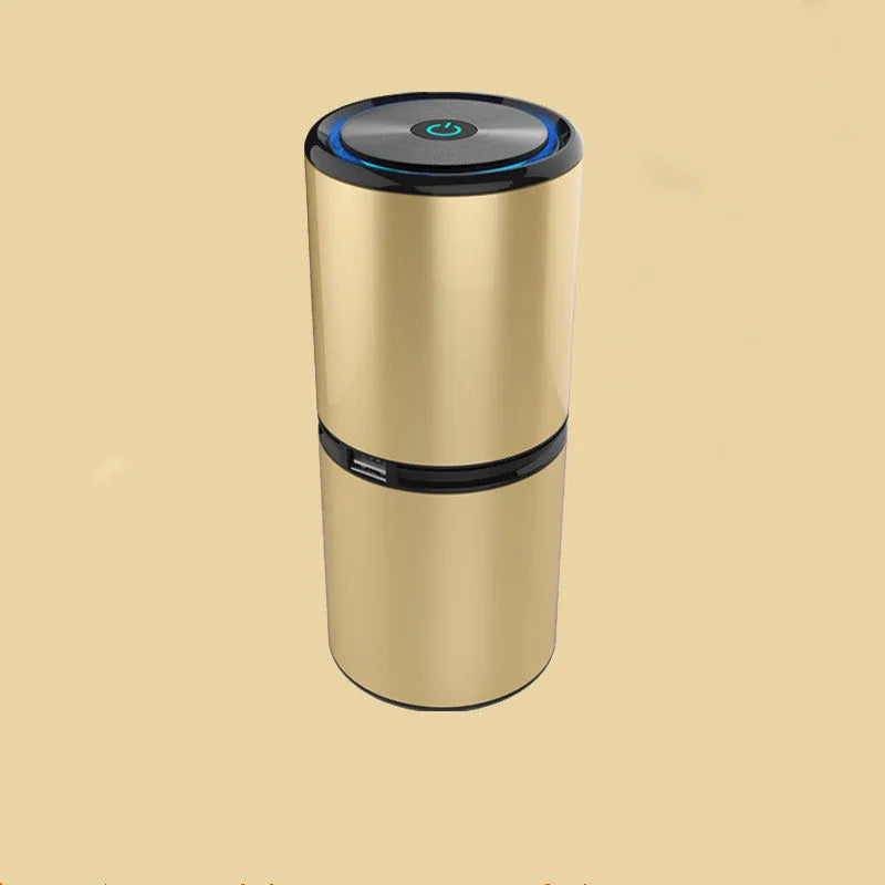 USB car negative ion air purifier in aluminium alloy and ABS, compact 65x153mm, available in black gold and rose pink, quiet operation below 27dB