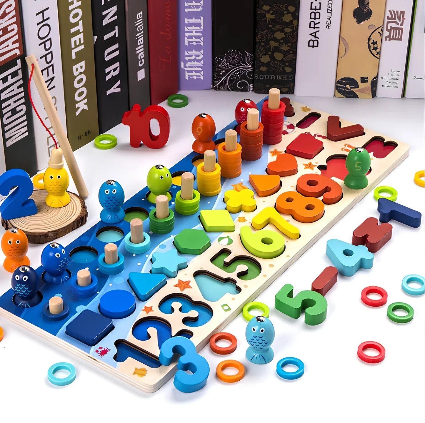 Wooden 3D alphabet number puzzle board 42x16x8 cm with geometric letter and number pieces in ocean blue theme