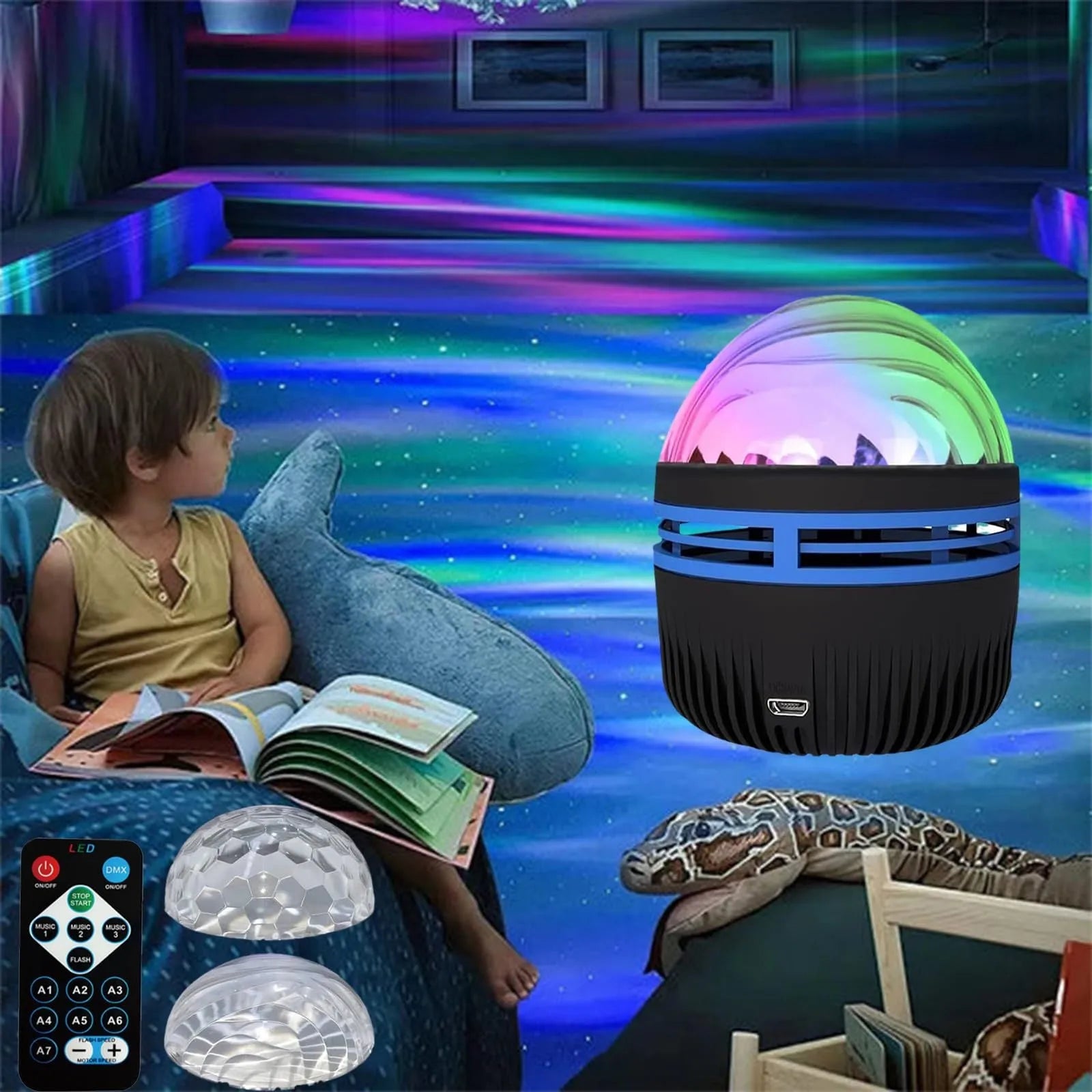 Compact USB-powered LED galaxy projector lamp with remote control on a table