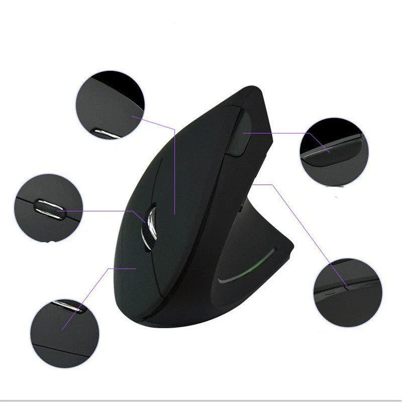Ergonomic vertical wireless mouse in black and brown with 6 buttons and 10m range