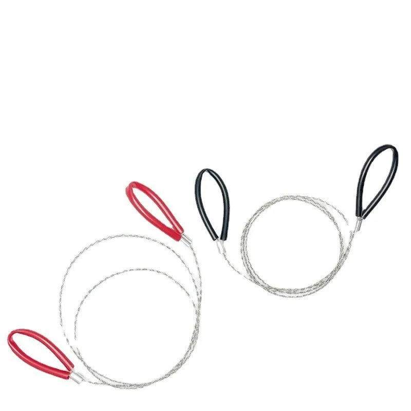 Outdoor survival wire saw with a stainless steel wire coil presented next to a small black leather carry case.