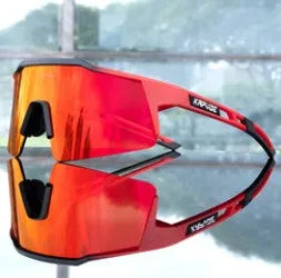 Cycling glasses with semi-rimless TR90 frame and four lens set for road and mountain bike riding, photo colour finish