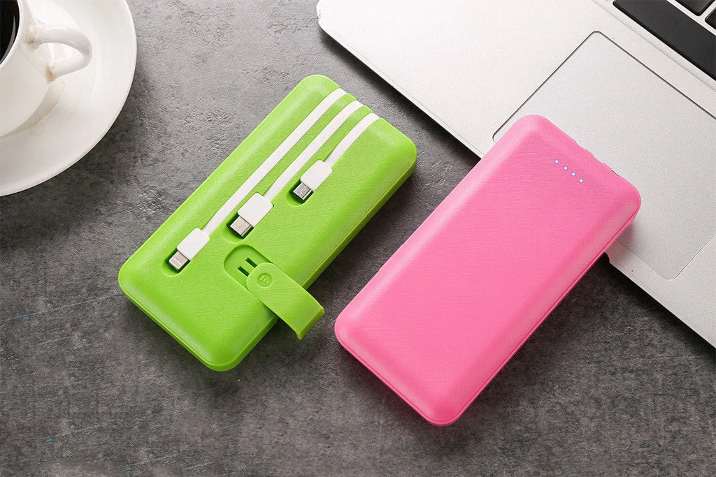 10000mAh three-wire power bank with multi-U port output in pink plastic shell