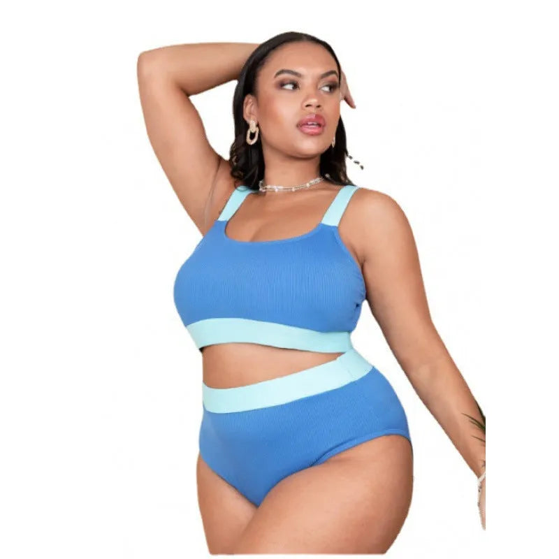 Women's solid colour polyester bikini set with high waist briefs and decorative stitching.