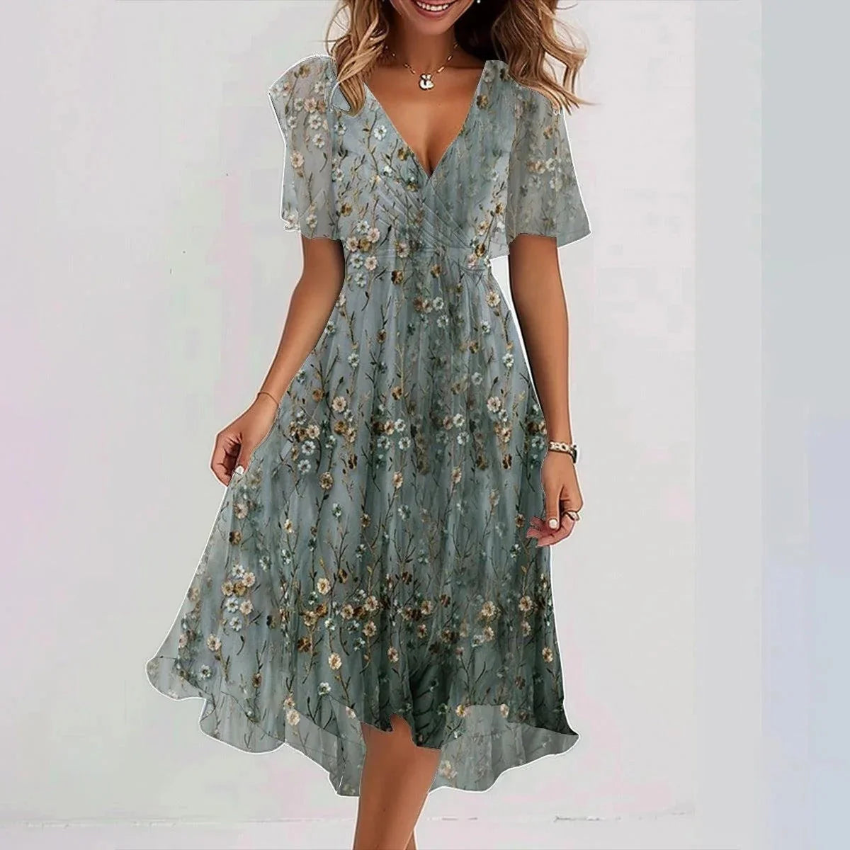Chiffon printed short sleeve dress with V-neck for summer in various colours