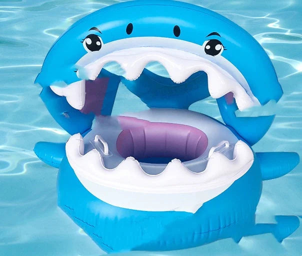 Inflatable shark seat ring for kids with sun awning, blue