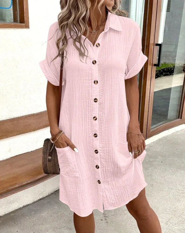 Summer short sleeve shirt dress in various colours, showcasing loose fit and mid-length design