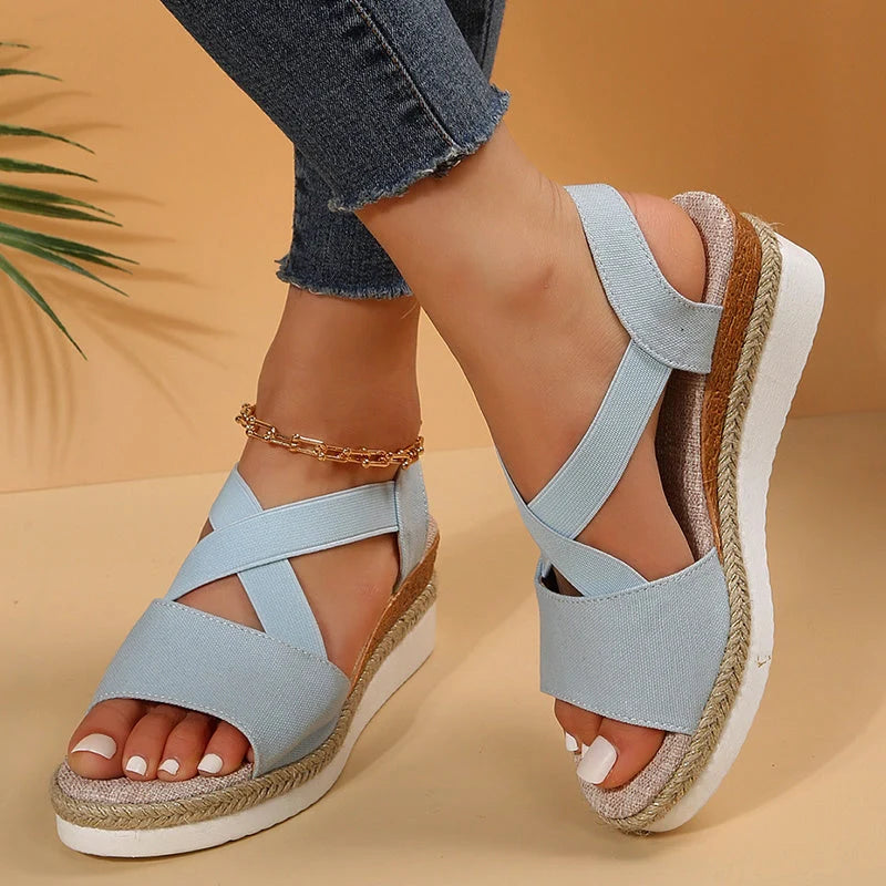 Women's cross-strap platform gladiator sandals with hemp heel in various colours