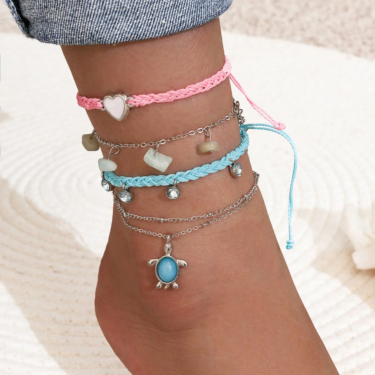 Hand-woven blue love foot rope anklet with geometric design